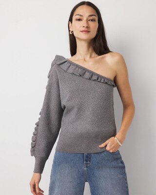 ANDWANG AND one shoulder bijou sweat グレー Metallic Ruffle One-Shoulder Sweater | White House Black Market